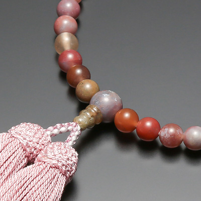 女性用数珠] ピンクインド瑪瑙 共仕立 正絹頭付房【桐箱入・片手略式