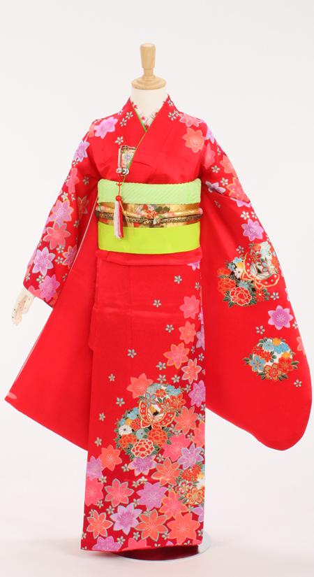 七五三/7才着物レンタル/髪飾り付19点セット/赤/花輪に蝶の柄/R7-006