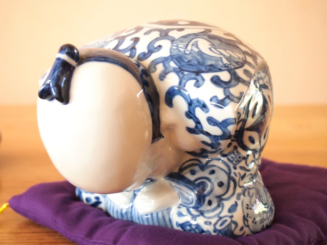 九谷焼 4号お辞儀福助 染付 布団付 九谷焼マルヨネ 陶芸窯和陶房