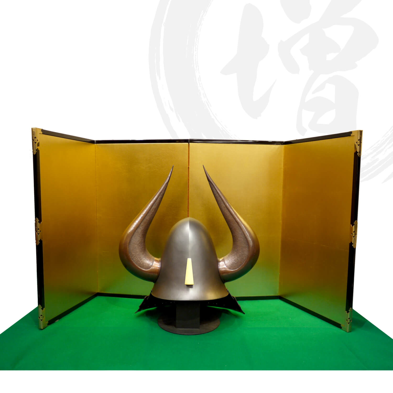 五月人形 平安武久作 銅叩き出し黒田長政 大水牛脇立兜 屏風京製「北村