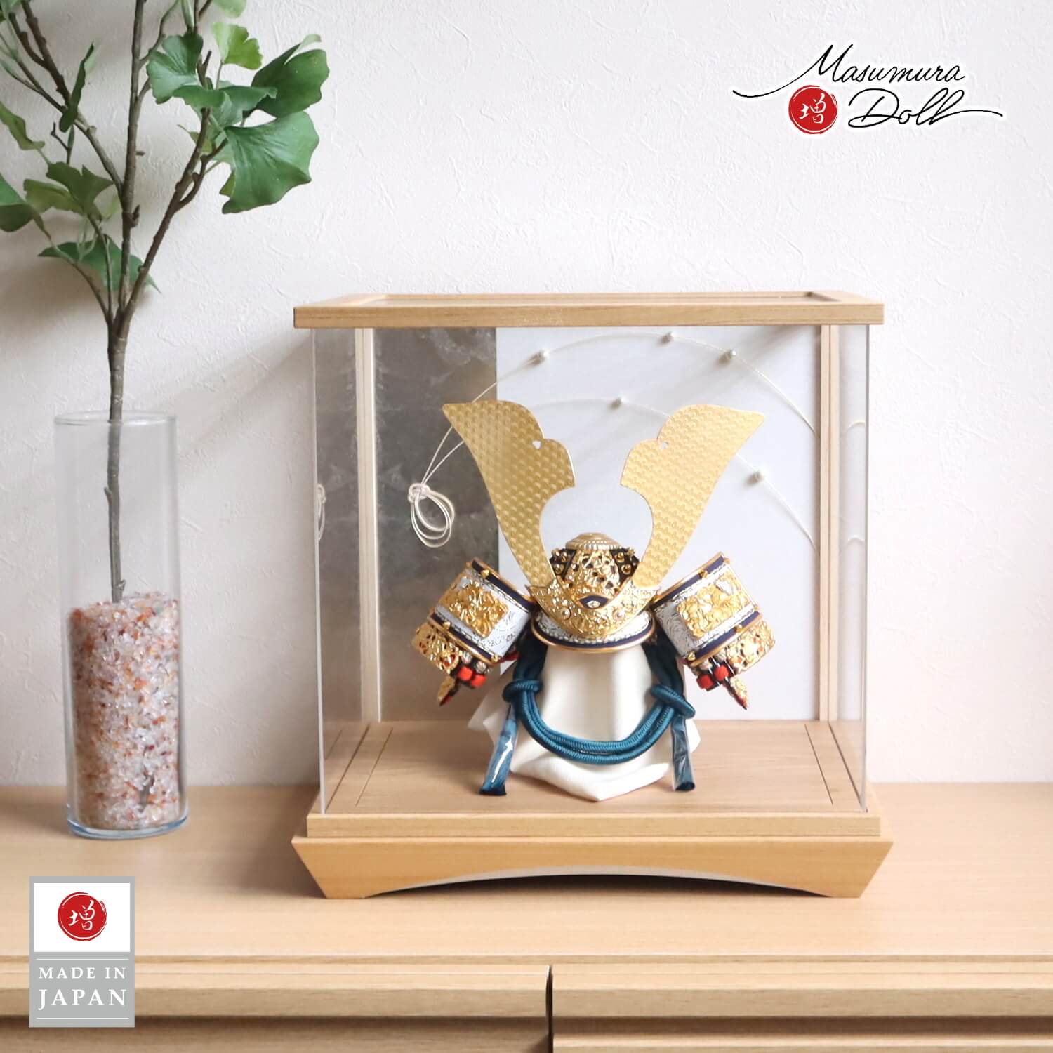 五月人形 ケース飾り 兜 伝統工芸士・平安 晴峰作 10号 正絹縹糸縅(青