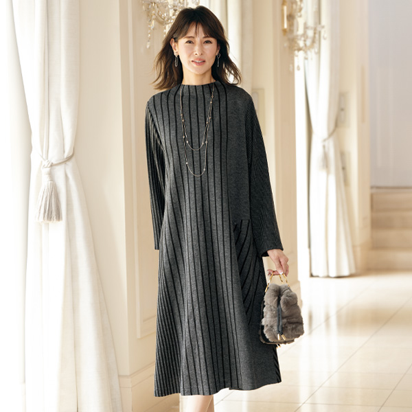 イレギュラーストライプ ボトルネックワンピース | 京都通販ミセスの