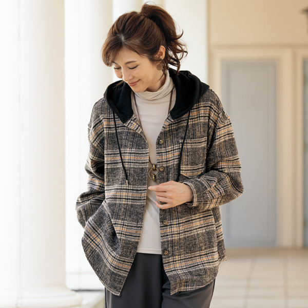 フード付チェック柄シャツジャケット | 京都通販ミセスのファッション