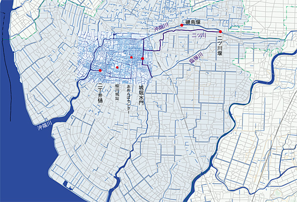 柳川掘割の取水口と水路網