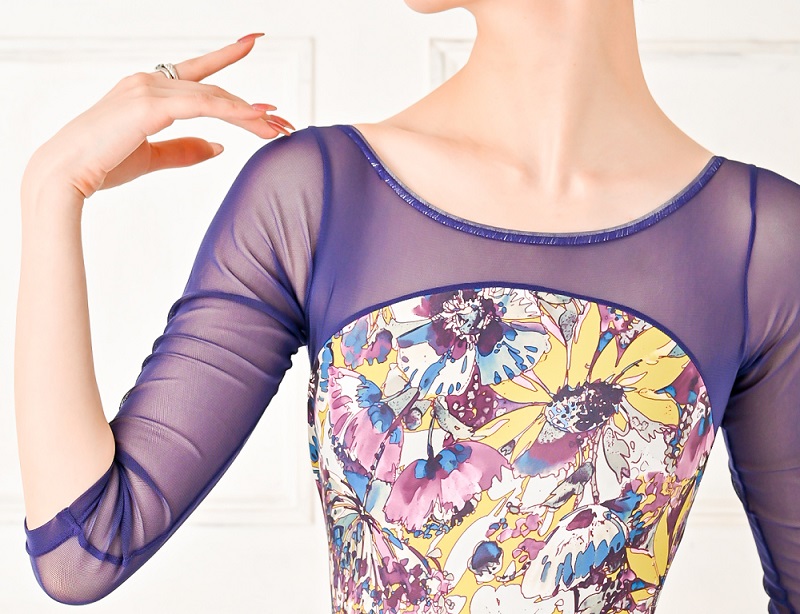 Mignon / ミニヨン 】 長袖レオタード メッシュ袖 大きな花柄