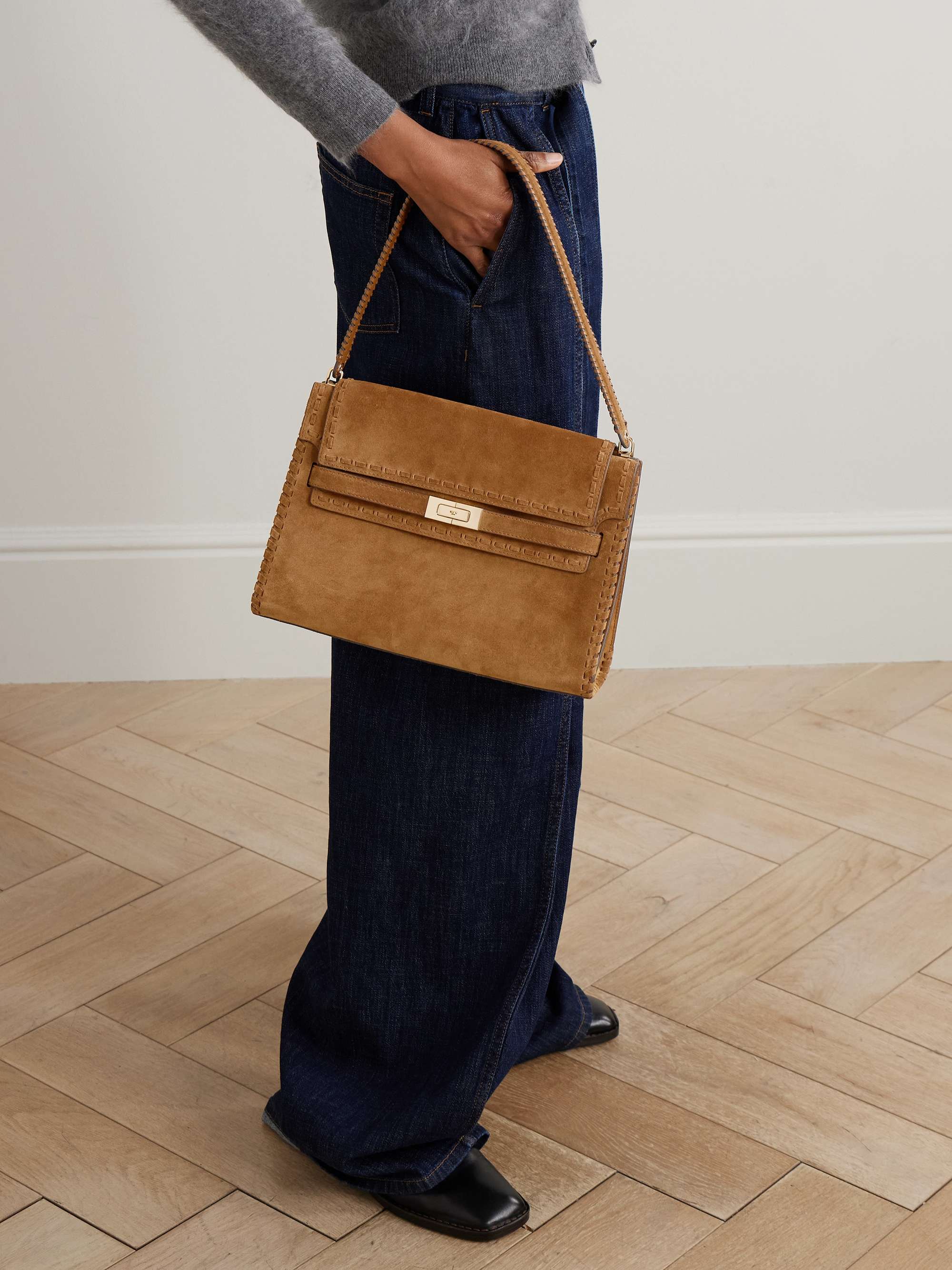 TORY BURCH Lee Radziwill large leather-trimmed whipstitched suede