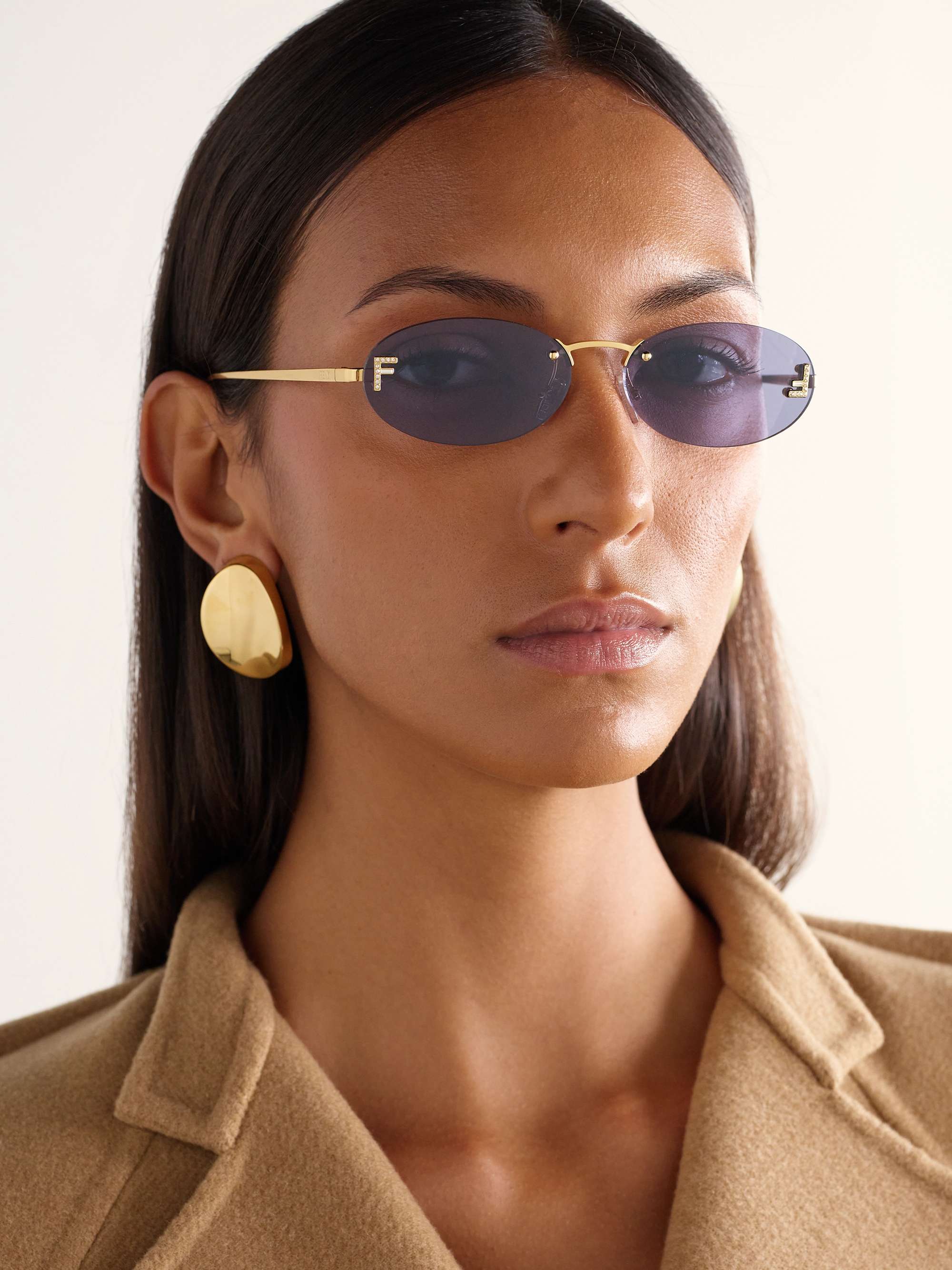 FENDI EYEWEAR Rimless oval-frame crystal-embellished gold-tone