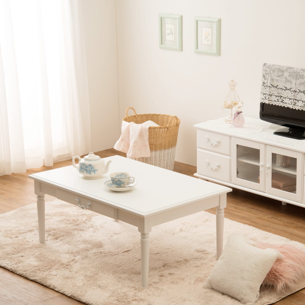 フレンチアンティーク調ホワイトシャビー センターテーブル (幅90cm