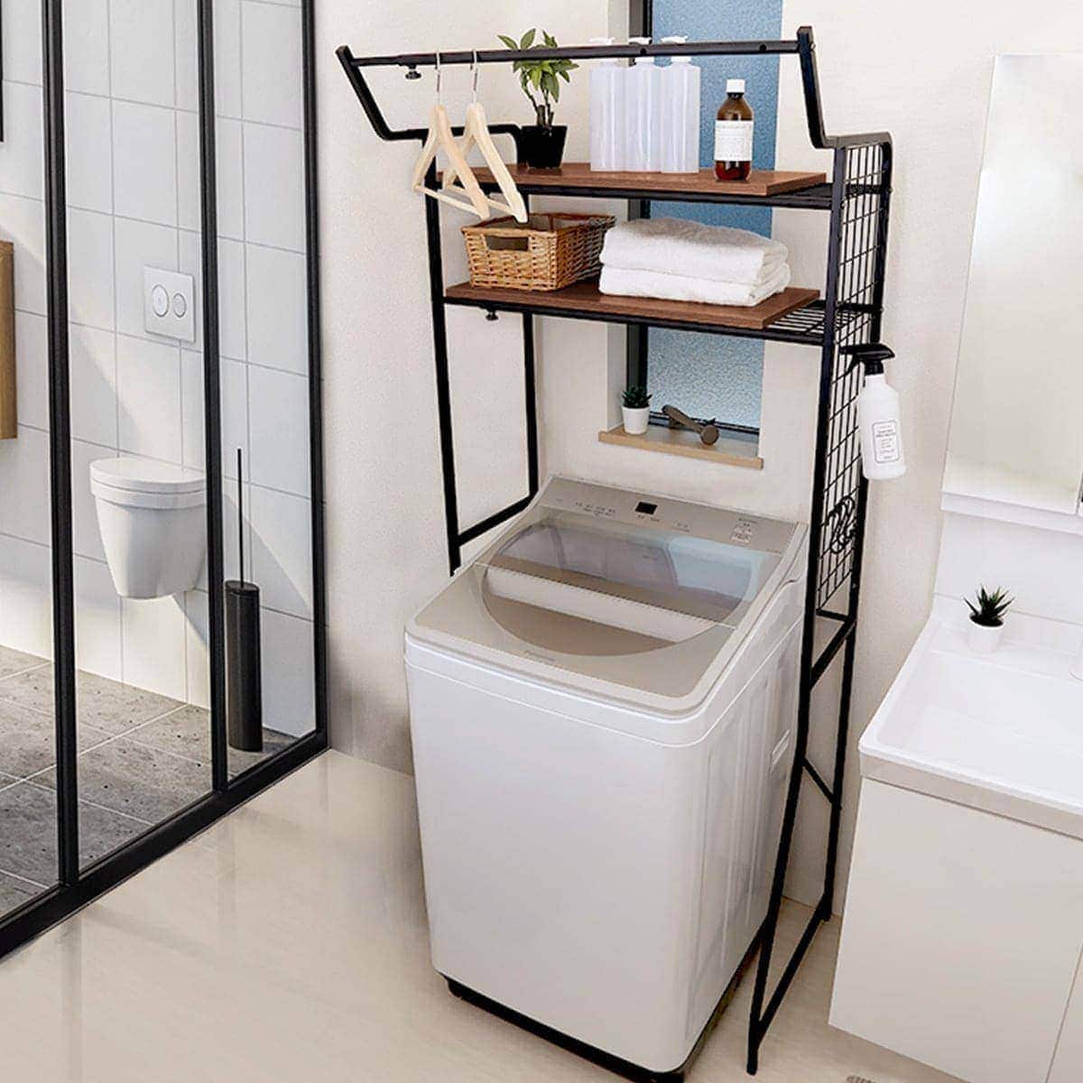 幅調整ができる棚2段タイプ ランドリーラック(ウォールナット