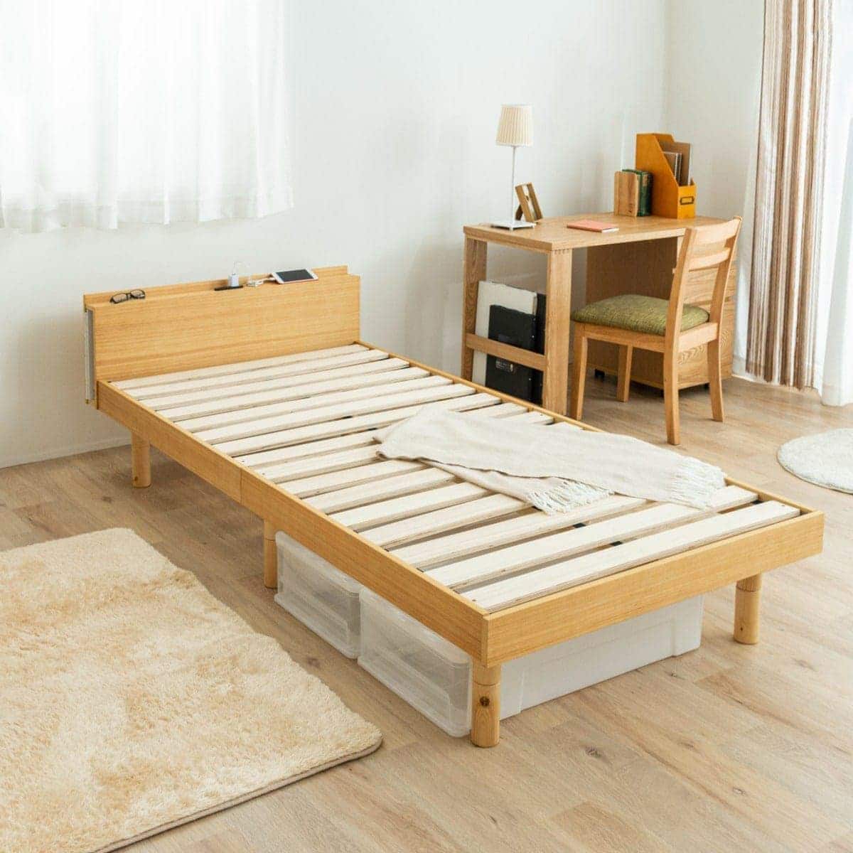 シングル棚・コンセント付き高さ3段階調整すのこベッド(STL NA