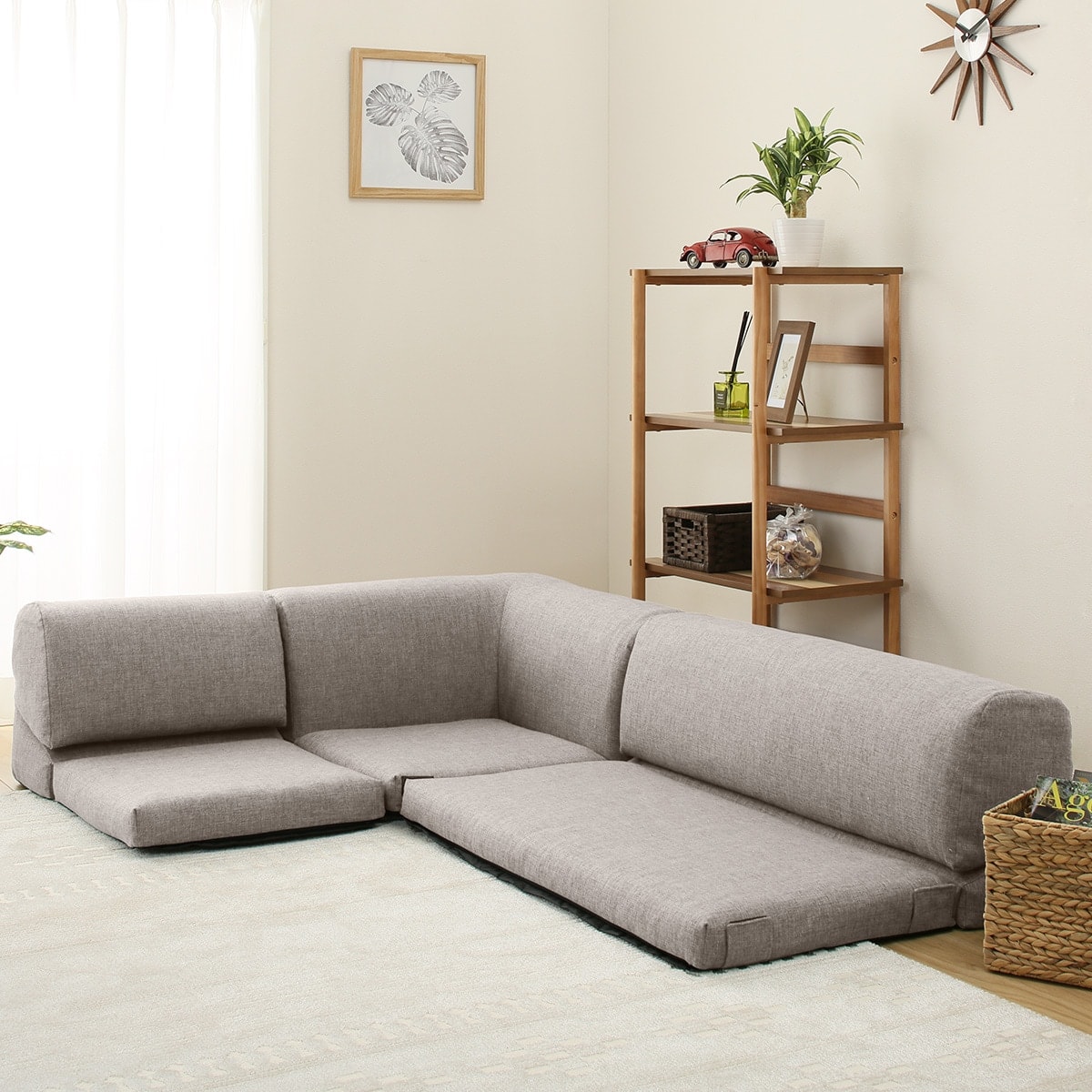 ポケット付きロータイプコーナーソファ3点セット 布張りタイプ (GY