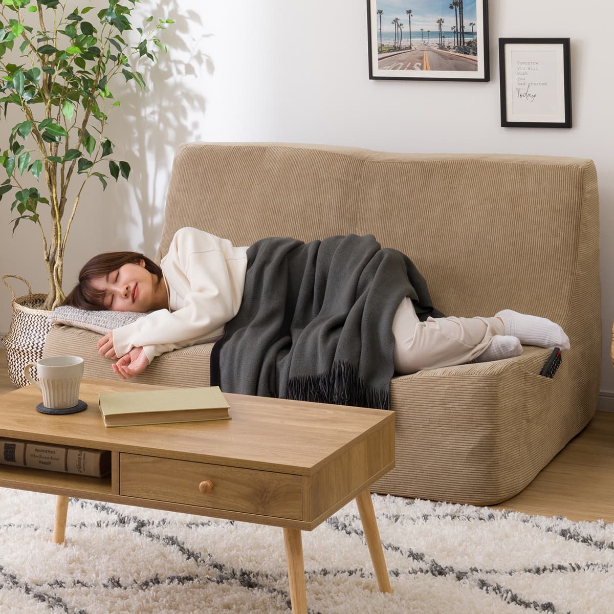 2人掛けリラックスコンパクトソファ 布張りタイプ (コーデュロイ BE