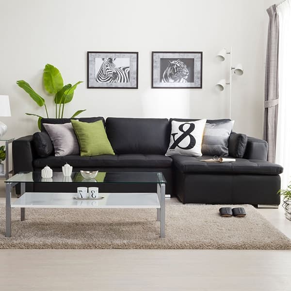 カウチソファ 本革(一部合成皮革)タイプ (ダブルライン3 左カウチ BK