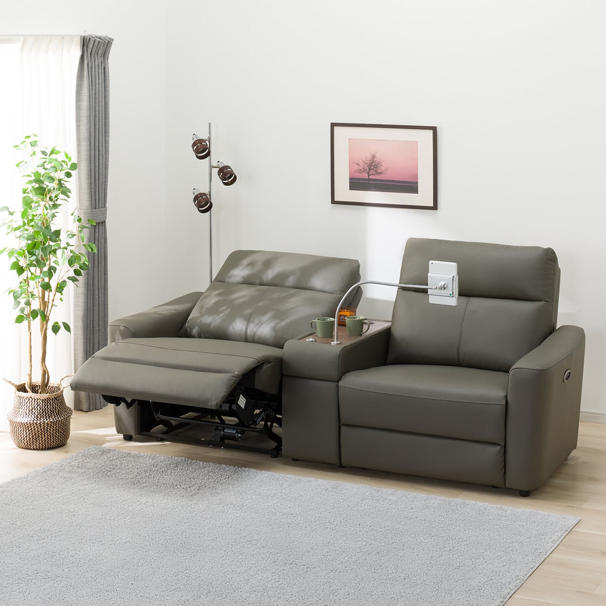 2人掛け電動リクライニングワイドソファ 収納ユニット付き 本革(一部