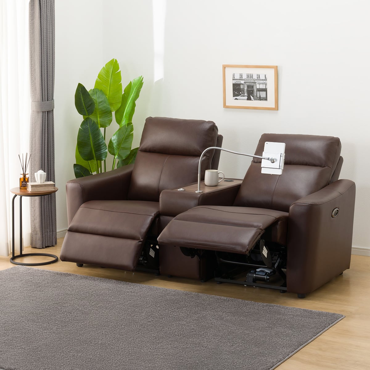 2人掛け電動リクライニングソファ 収納ユニット付き 本革(一部合成皮革