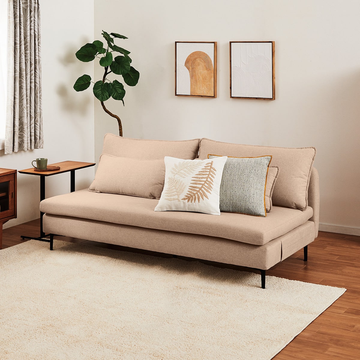 広い座面のゆったり 3人掛けソファ 布張りタイプ (MS01 肘なし BE