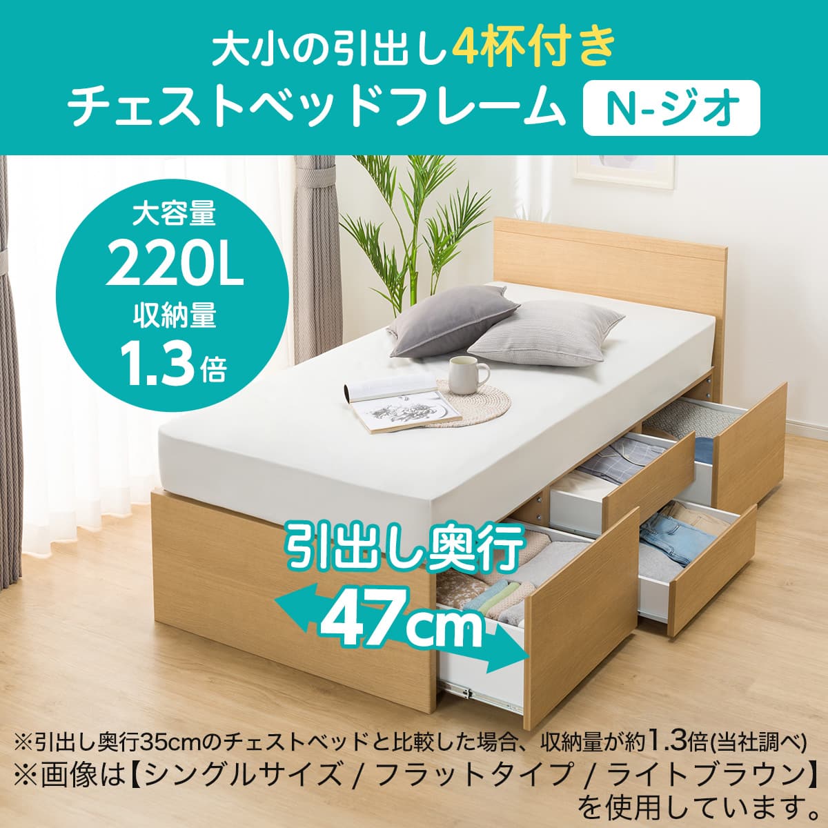 シングルフラットヘッドボードチェストベッドフレーム(N-ジオF BK 40M