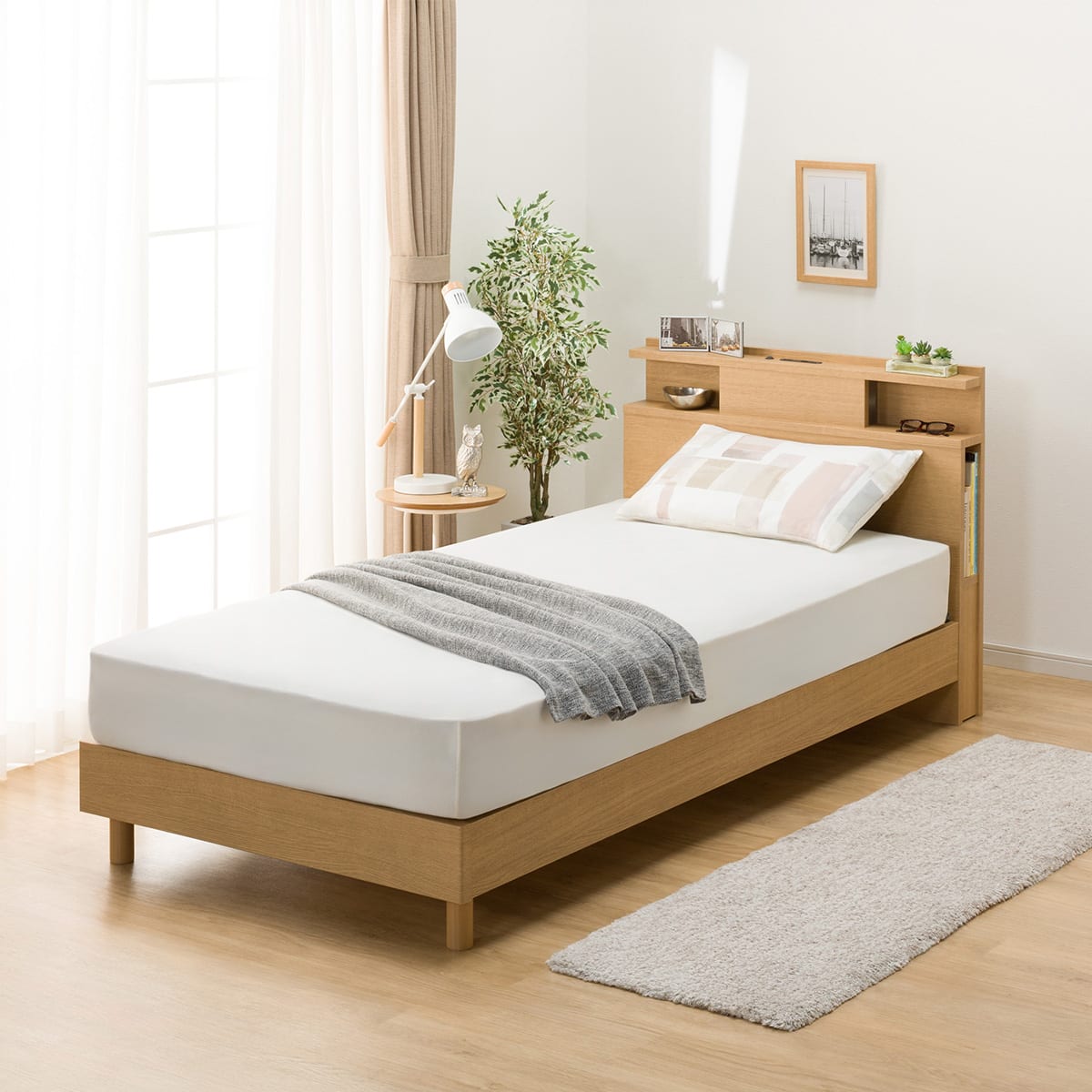 シングル 棚・照明・サイド収納付きベッドフレーム(NS-004 LEG/LOW