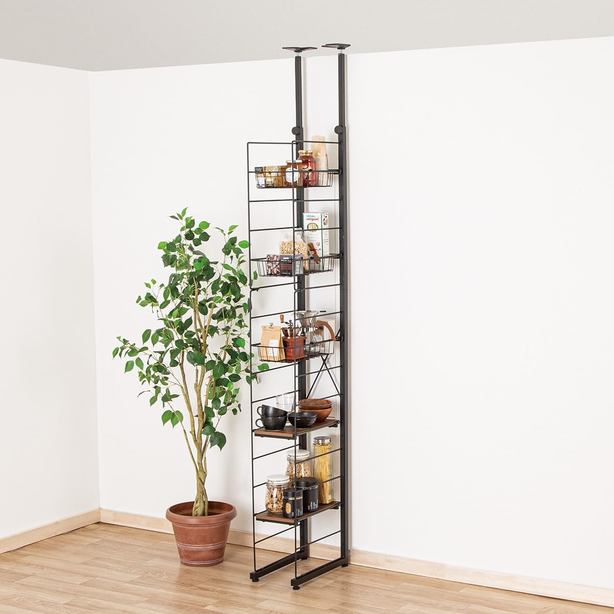 突っ張り壁面収納Nポルダディープ すき間収納(ミドルブラウン