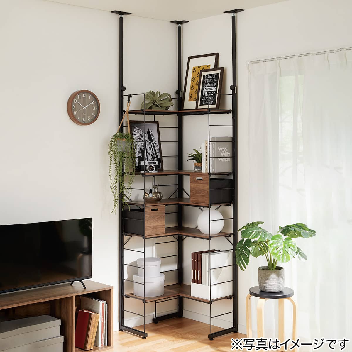 突っ張り壁面収納Nポルダ L型コーナー(幅60cm ミドルブラウン