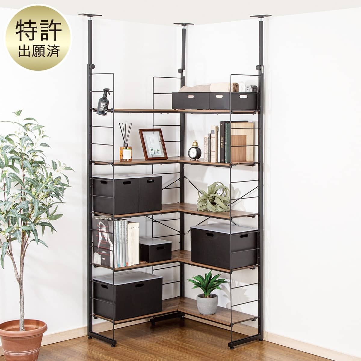 突っ張り壁面収納Nポルダ L型コーナー(幅80cm ミドルブラウン