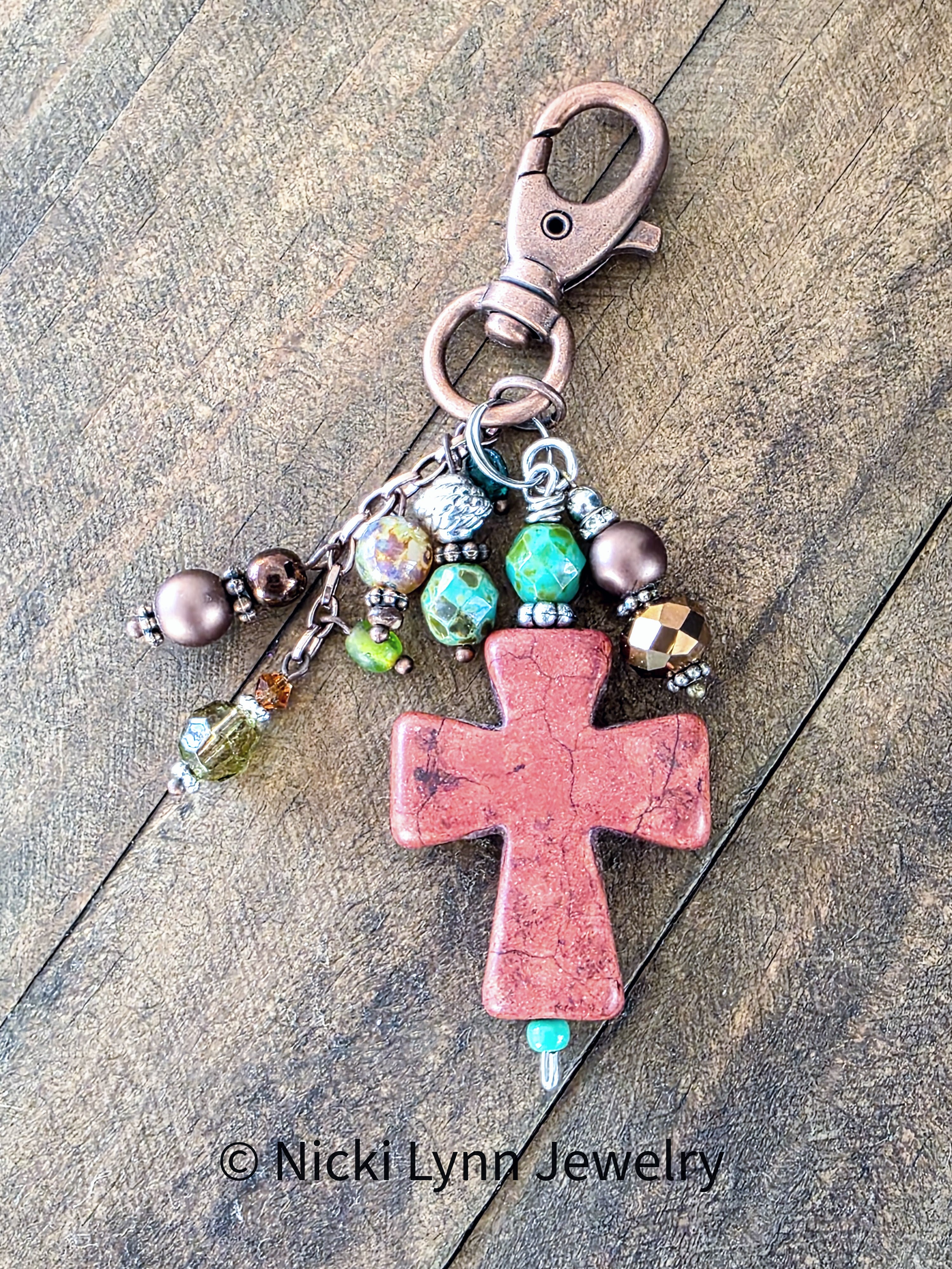 Large Cross Bag Charm, Czech Glass Beads, Bold Purse Charm