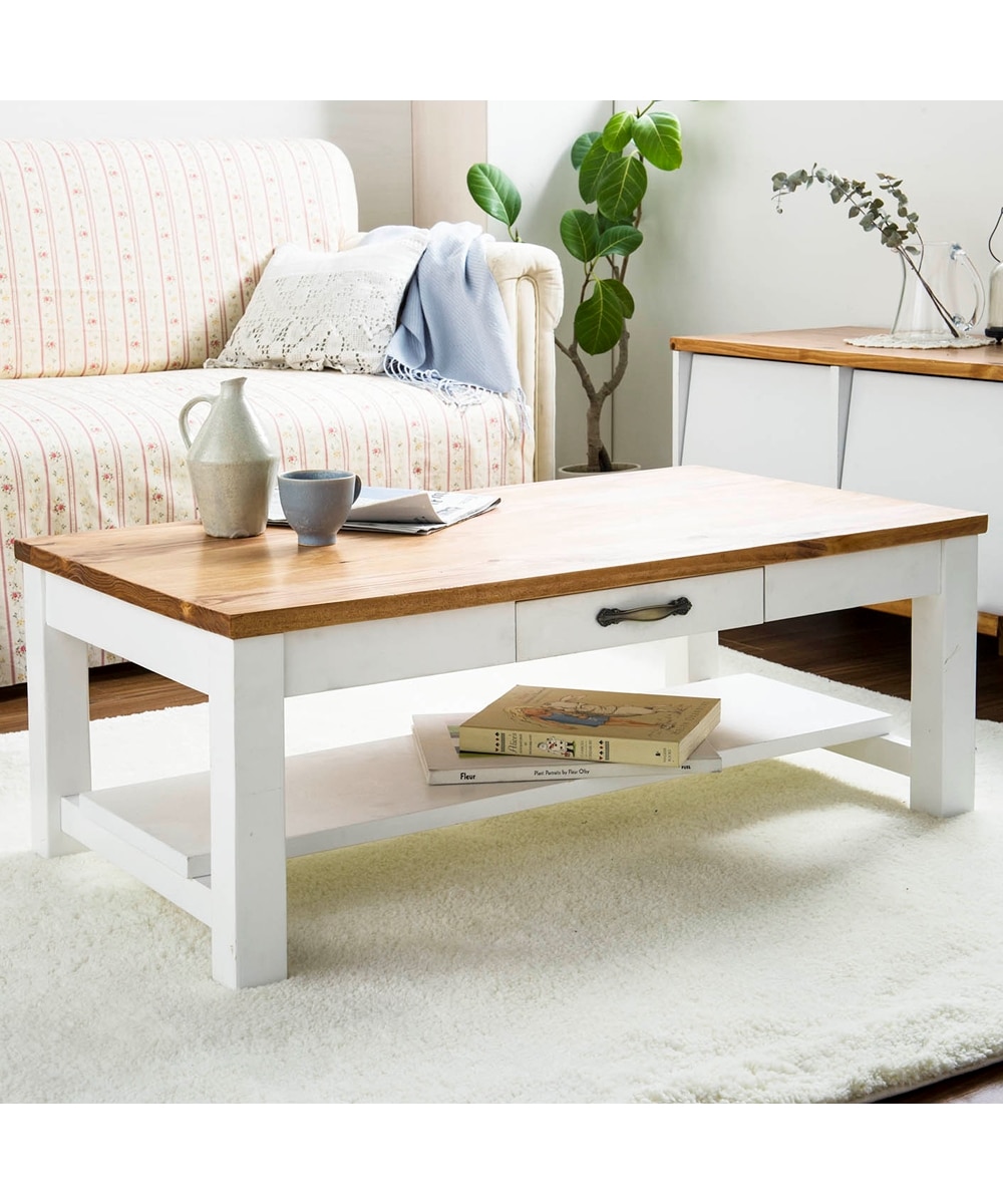 販売終了】カントリー調の天然木リビングテーブル(引き出し付き) 通販