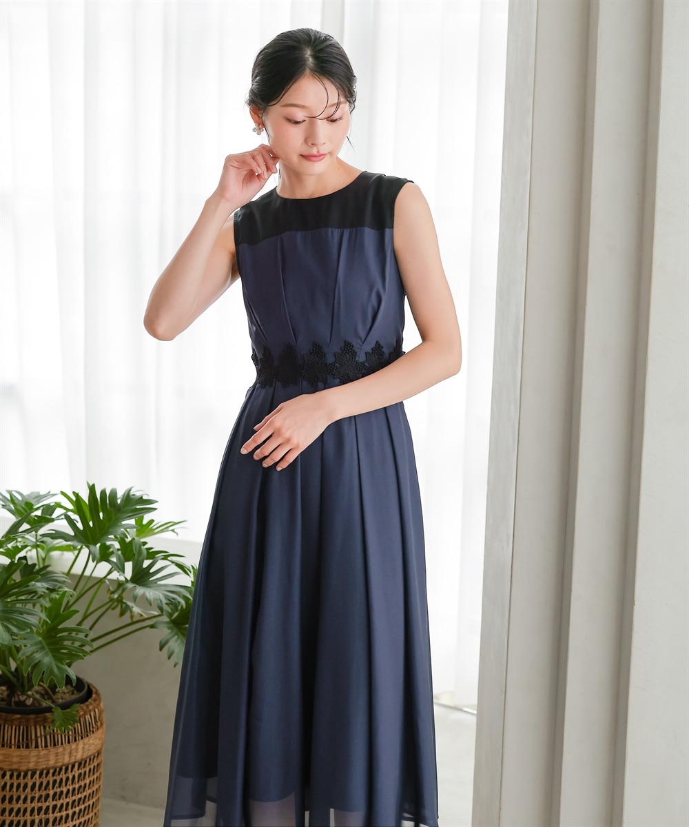 結婚式・パーティードレス】ウエストレースデザインノースリーブ