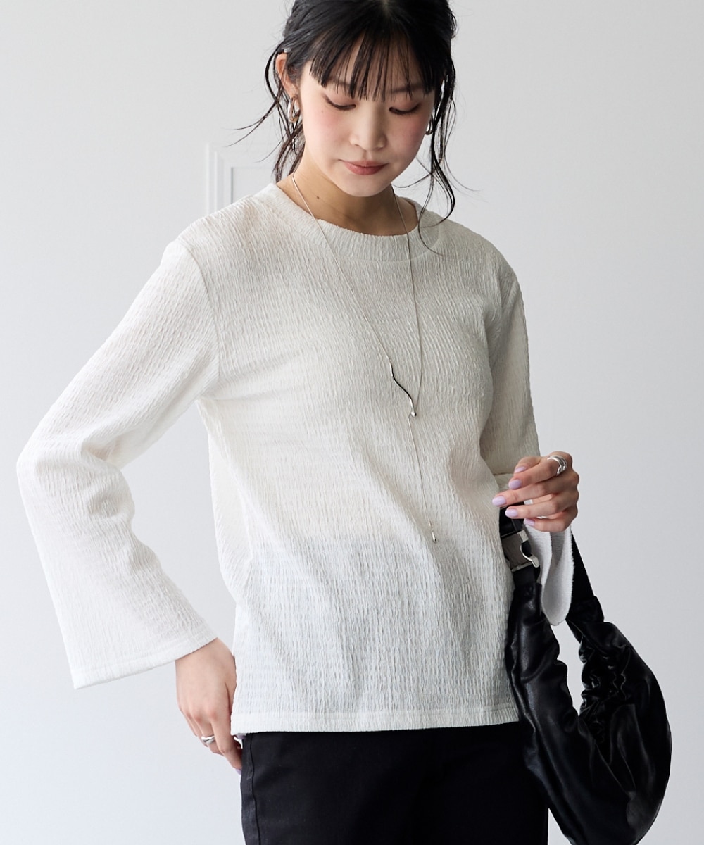 ぽこぽこジャガードクルーネックフレアスリーブTシャツ(UVカット)(9分