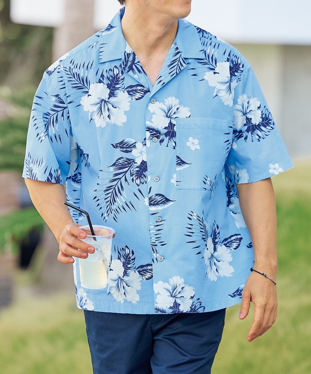 オーバーサイズ綿100％オープンカラー5分袖アロハシャツ