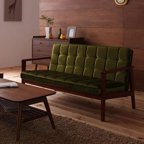 色褪せることのないグリーン 木肘レトロソファ 3人掛けタイプの詳細