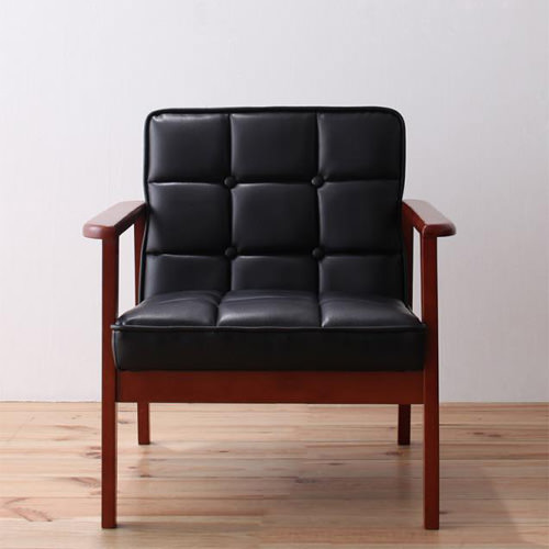 ✦昭和レトロ✦喫茶店風 木肘ソファ｜ブラックPUレザーチェア