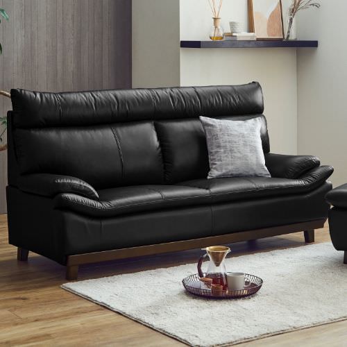 ツヤのあるブラックが目を引く ハイバックレザーソファ 3人掛け