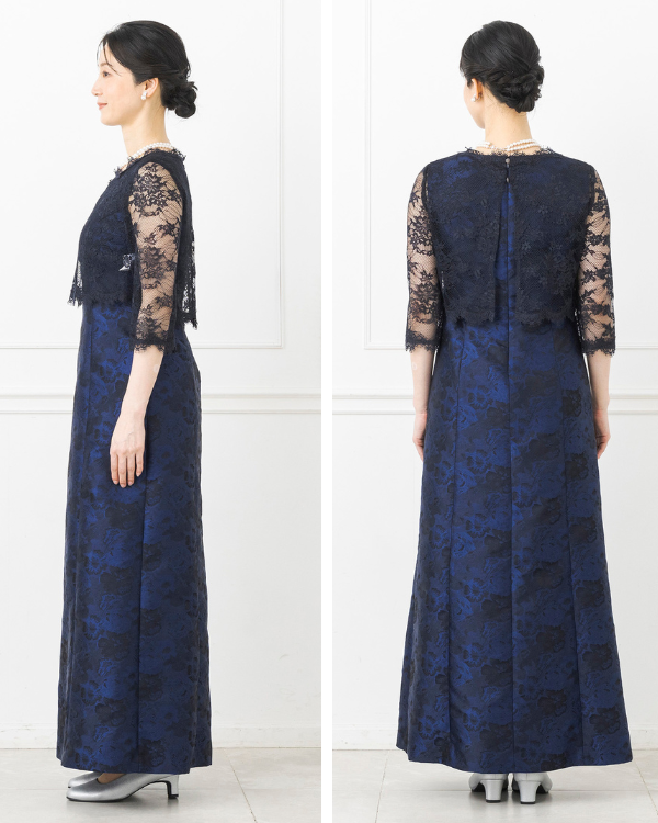 ネイビー 11号】フラワーサテンジャカード レーストップス付き ロング