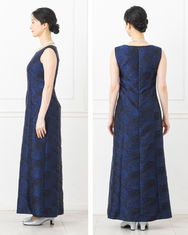 ネイビー 11号】フラワーサテンジャカード レーストップス付き ロング