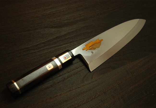 出刃包丁 本焼 8寸 黒檀 蒔絵 鞘付 【包丁の＠堺英】