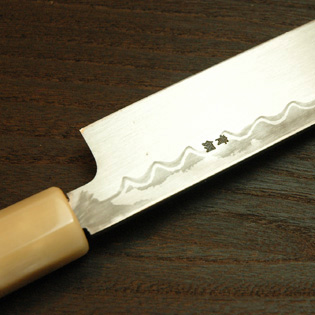 柳刃包丁 青鋼 尺1 金象嵌 墨流し 鞘付 【包丁の＠堺英】