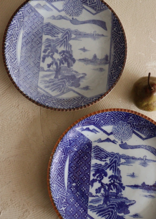 印判染付大皿 花風鈴図 A290mm B315mm 大皿 オードブル皿 飾り皿