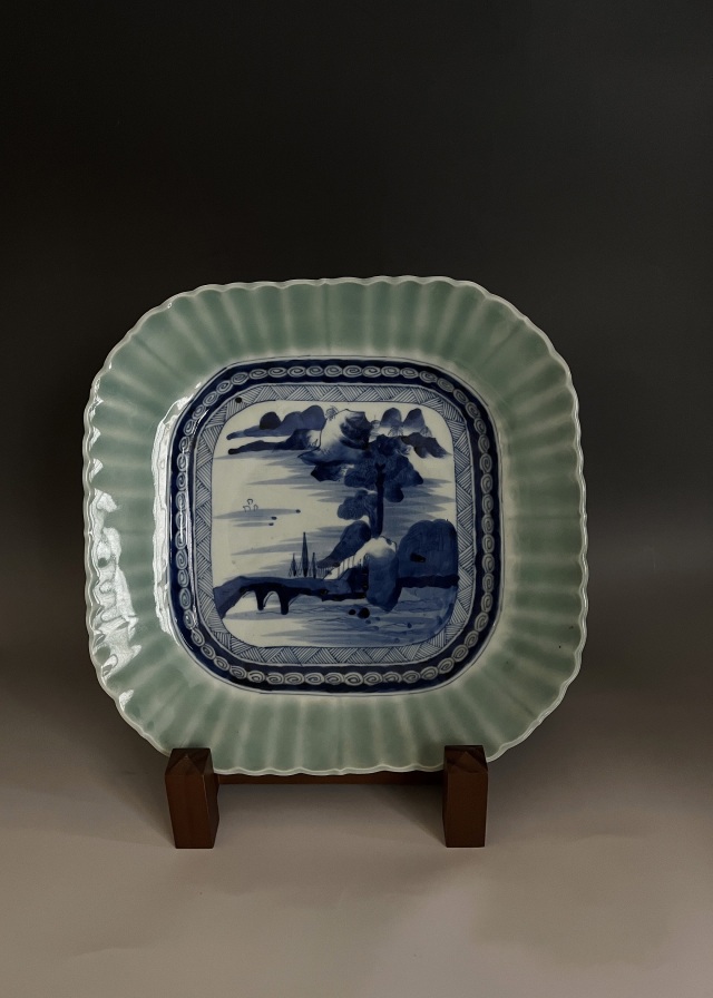 古舫庵コレクション青磁染付隅切四方皿 大皿 盛皿 飾り皿