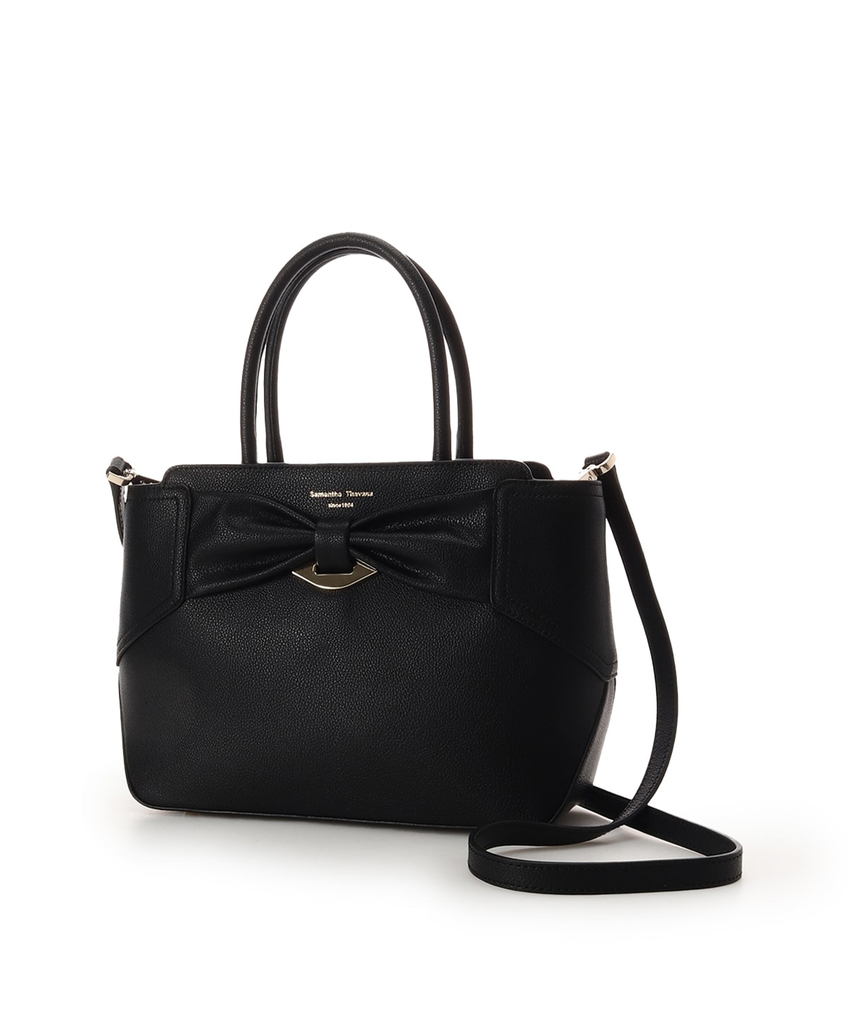 リボンモチーフ スプリットレザーハンドバッグ(FREE ブラック