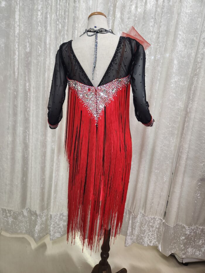 試着・レンタル・購入】社交ダンスドレス 赤黒 LLサイズラテンフリンジ