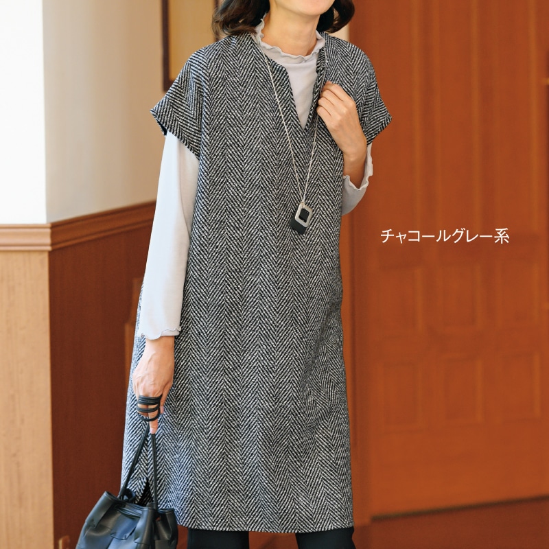 やさしい暮らしの店 by 毎日が発見ヘリンボーン柄キーネックワンピース