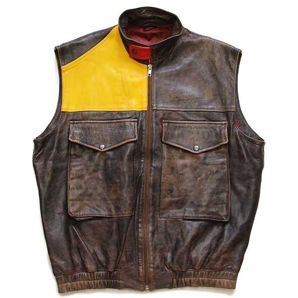 80s SARA VENEZIA パネル 切り替え スタンドカラー レザーベスト