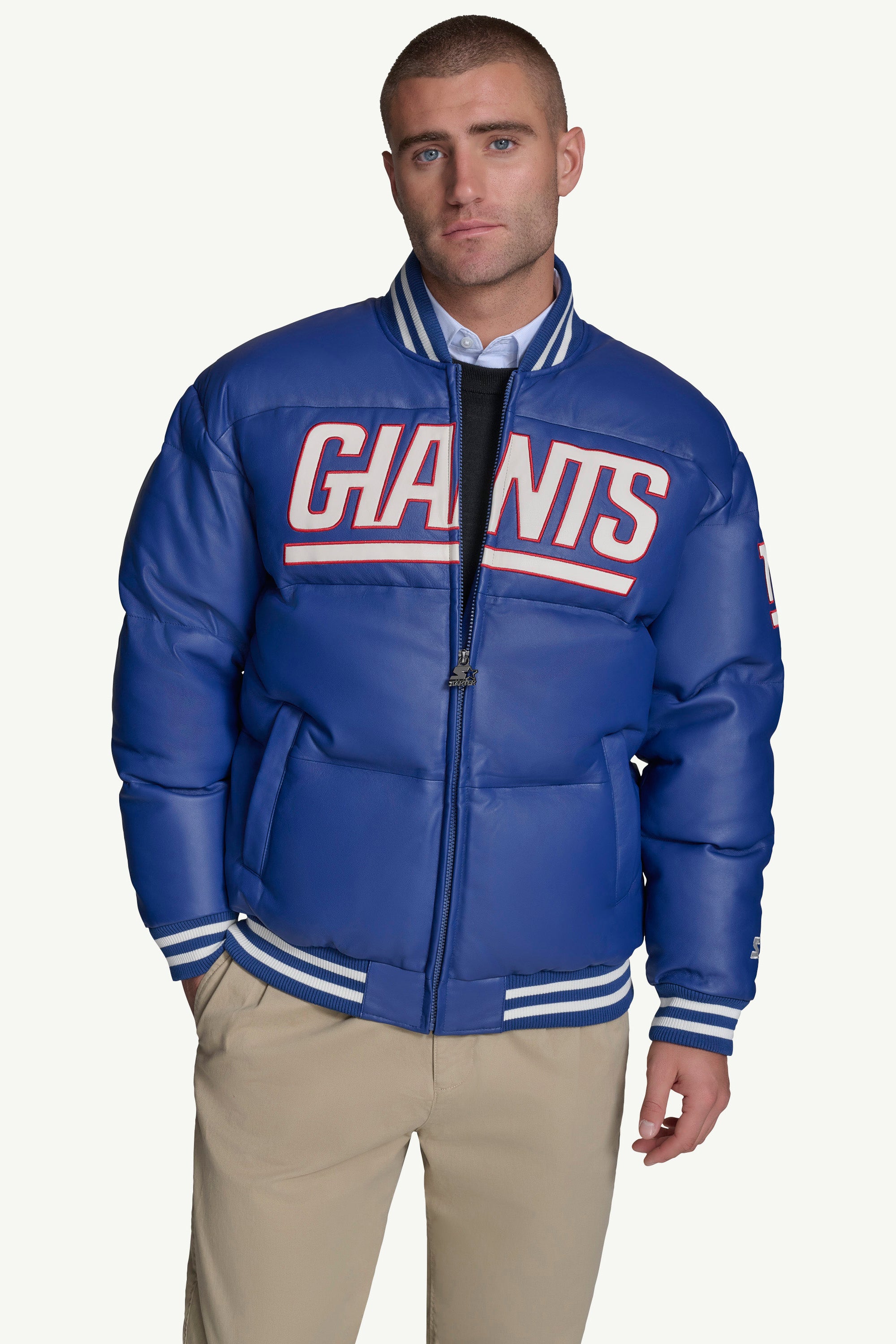 Mens New York Giants Leather Puffer Jacket | NFL | Starter
