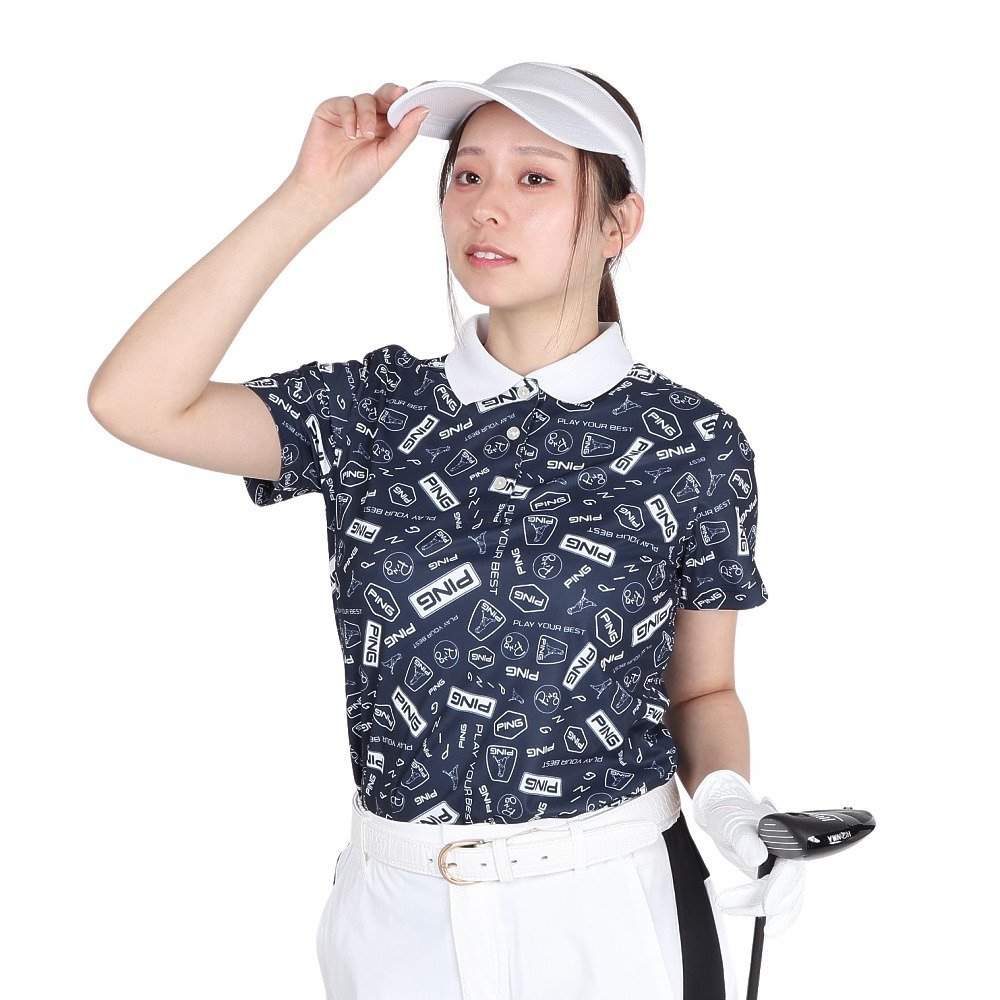 ピン（PING）（レディース）ゴルフウェア 総柄プリント 半袖ポロシャツ