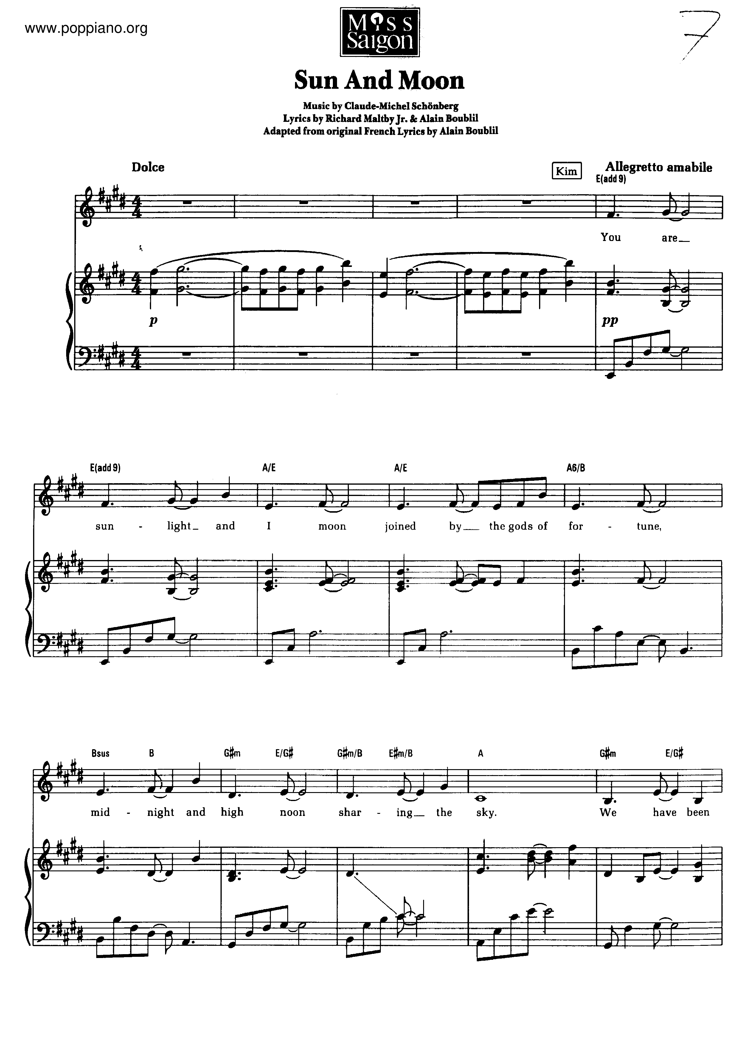 ☆Miss Saigon - Sun & Moon ピアノ譜pdf- POPPIANO.ORG 無料PDF楽譜