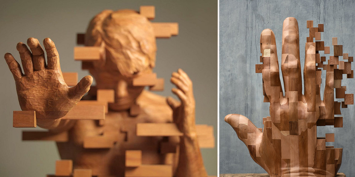 Sculptures from wood that appear to be puzzles of pixels by Hsu