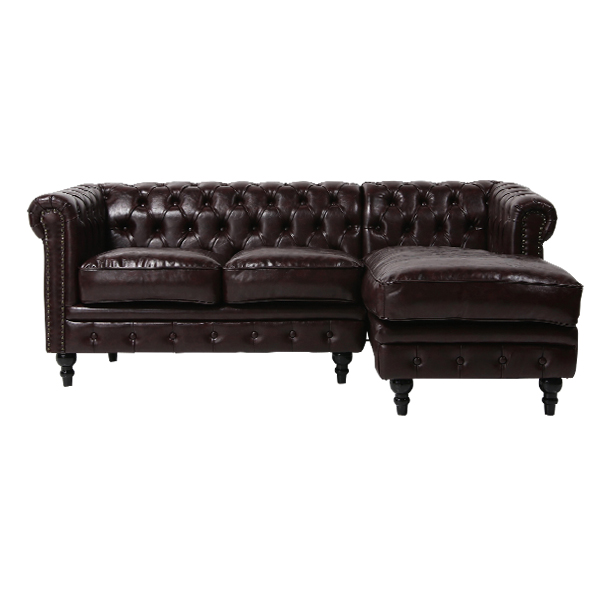 ダークブラウンPUレザーチェスターフィールドコーナーソファ(カウチ