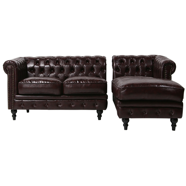 ダークブラウンPUレザーチェスターフィールドコーナーソファ(カウチ