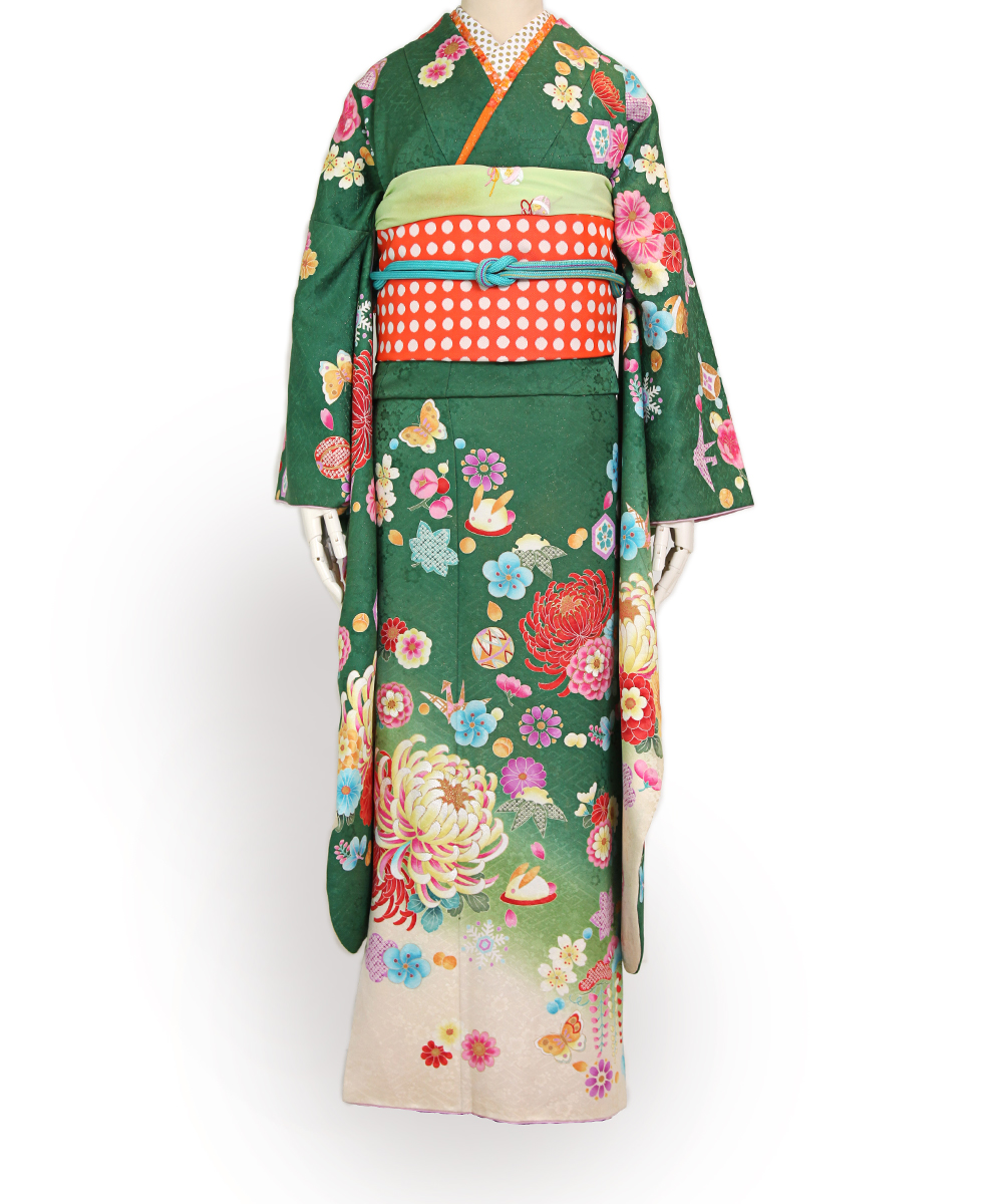 成人式/参列/振袖】オレンジ帯がかわいいポップ☆緑 乱菊 / 成人式や